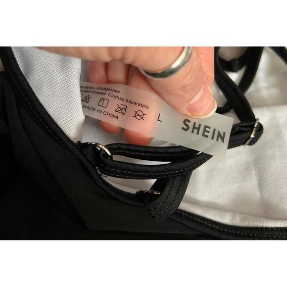 SHEIN Black Criss Cross Plunge V Neck One Piece Swimsuit Women Sz L - Picture 5 of 5